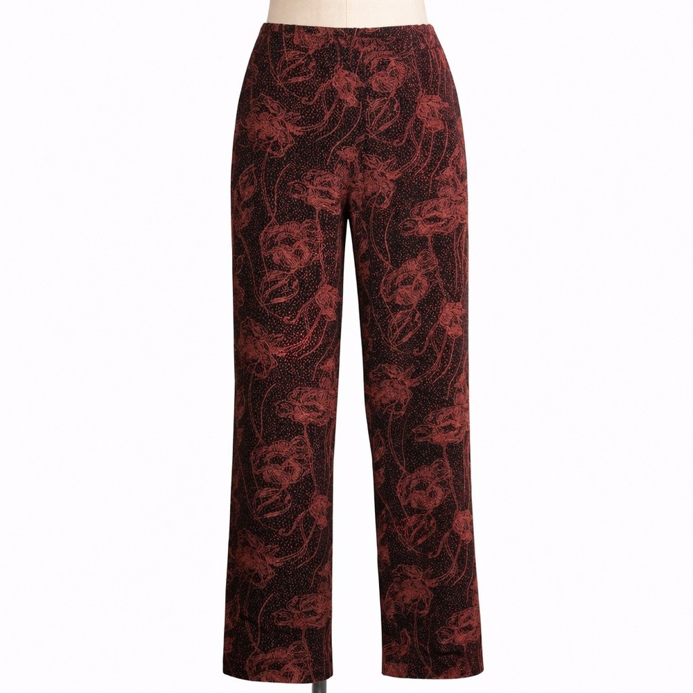 Vintage Y2K Floral Sparkle Stretch Pants Size S Red Black Pull On Flowy Festival